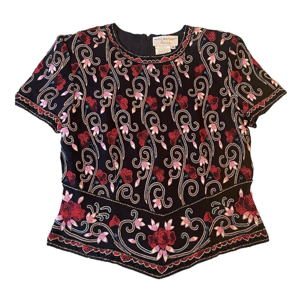 Papell Boutique Evening VTG Adrianna Papell Silk‎ Beaded Embroidered Top M